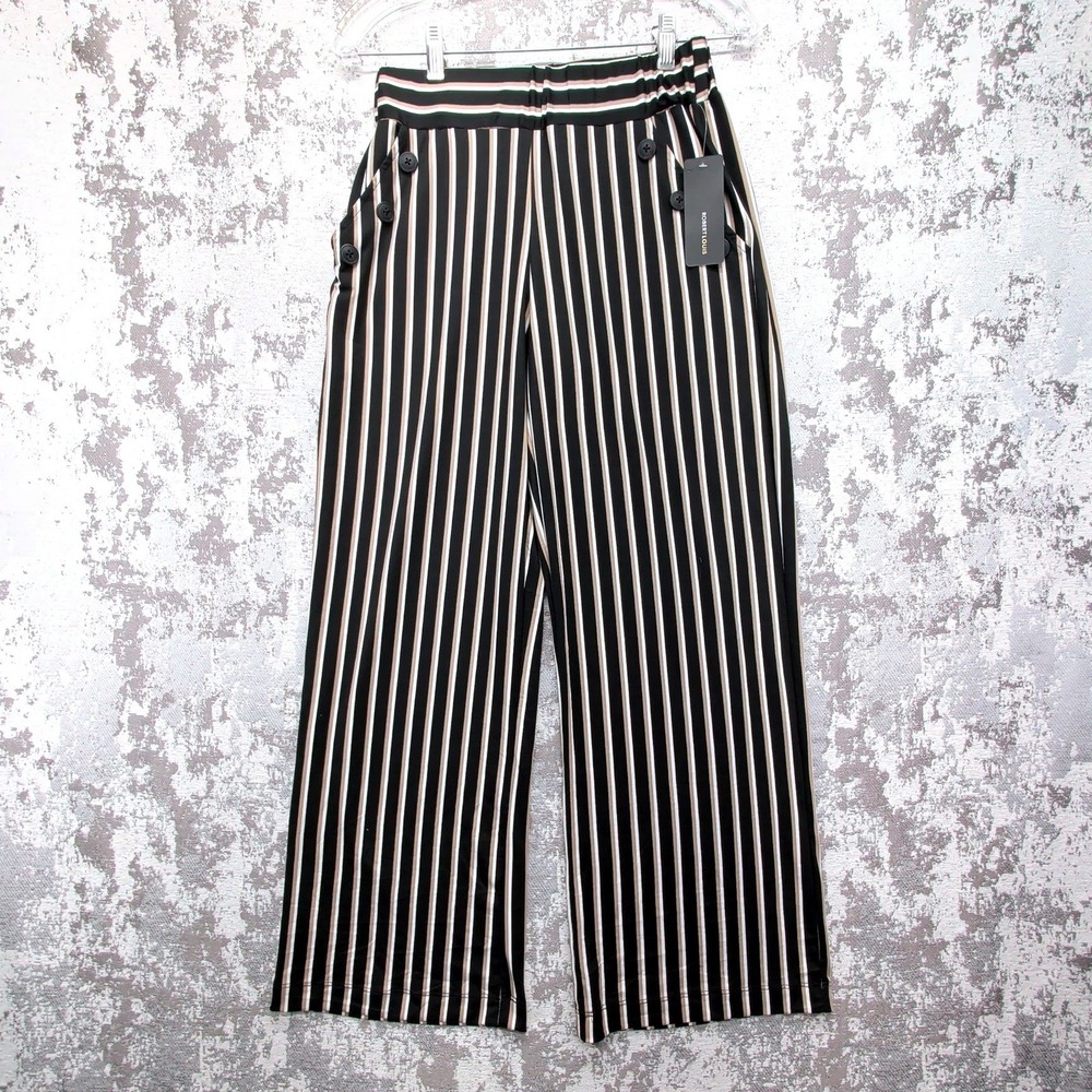 Robert Louis Womens Petite Small Black Tan Striped Wide Leg Pants BK7153P NWT